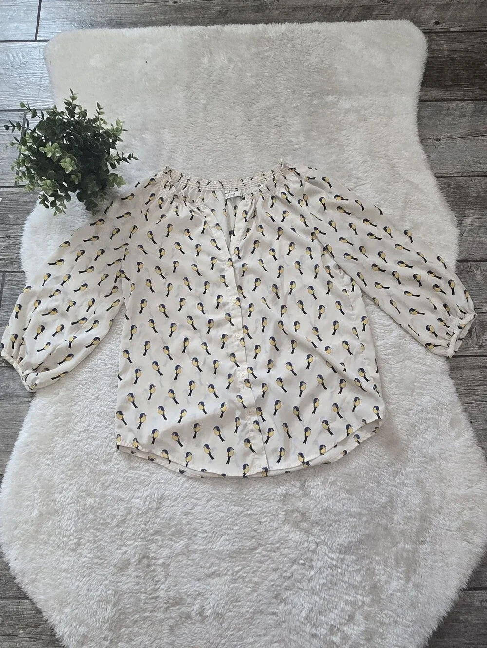 Old Navy Bird Print Smocked Neck Button-Front Cottagecore Boho Peasant Top, M